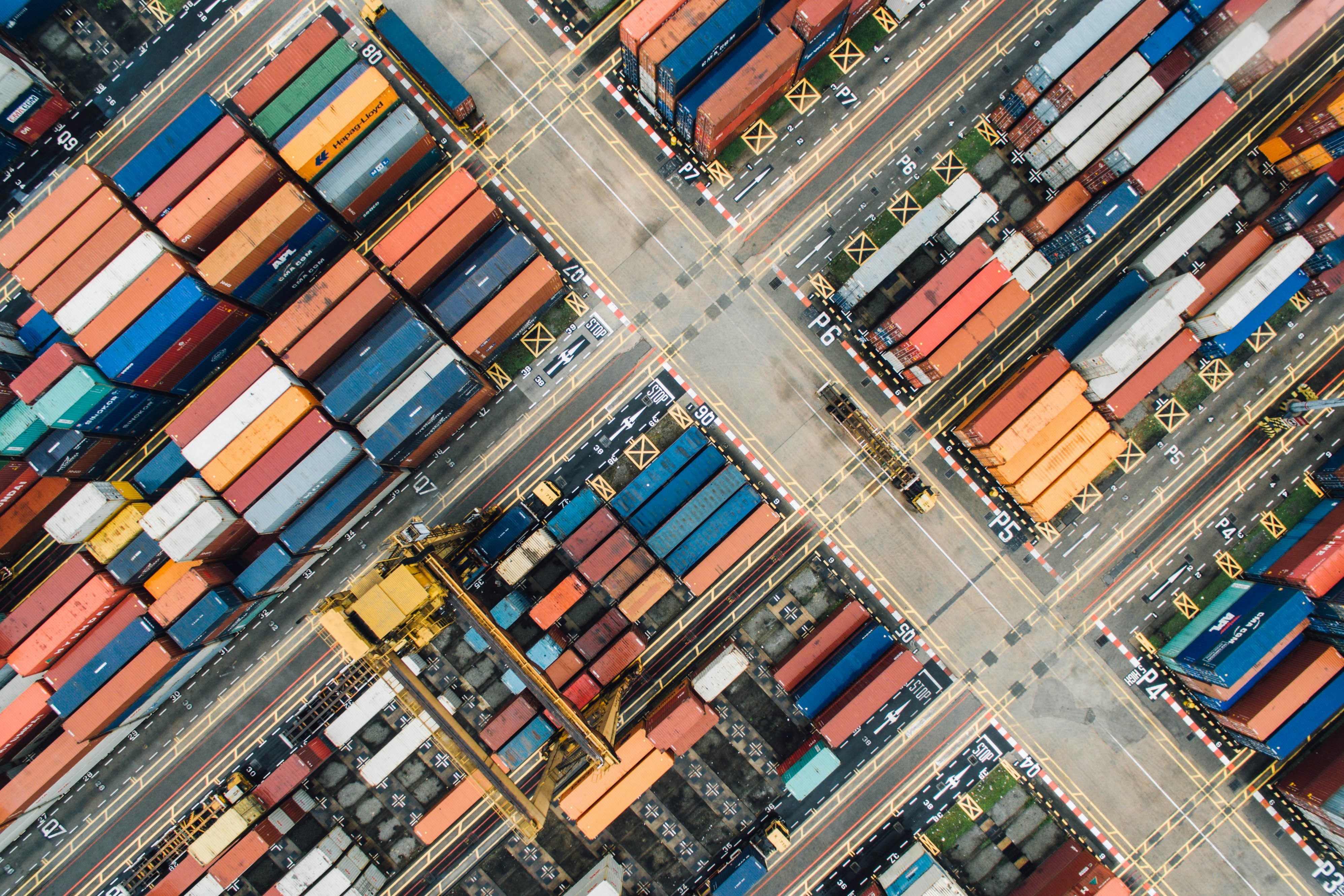 Aerial view of freight containers at a logistics yard