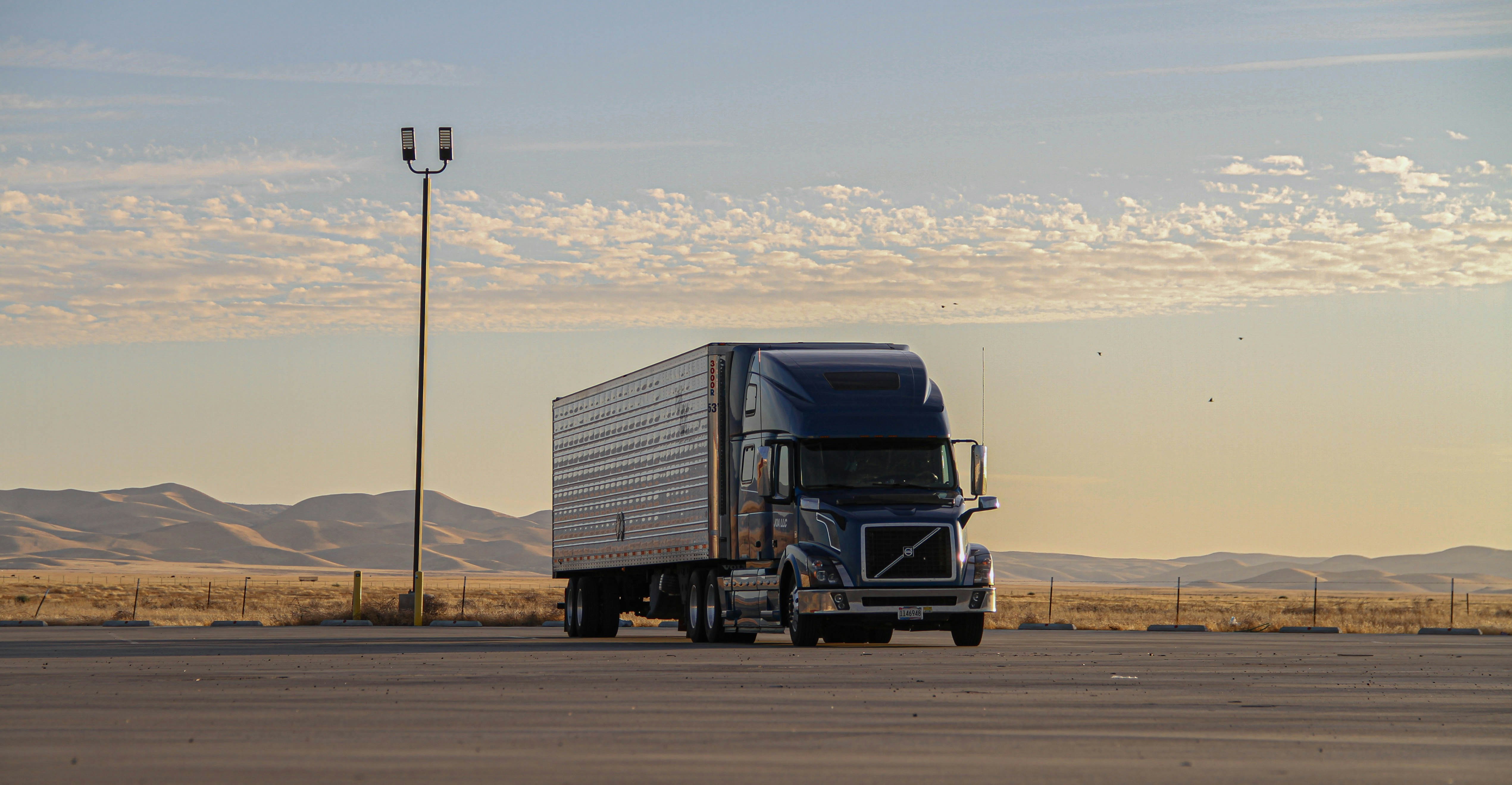 Freight trucks and trailers staged for dispatch